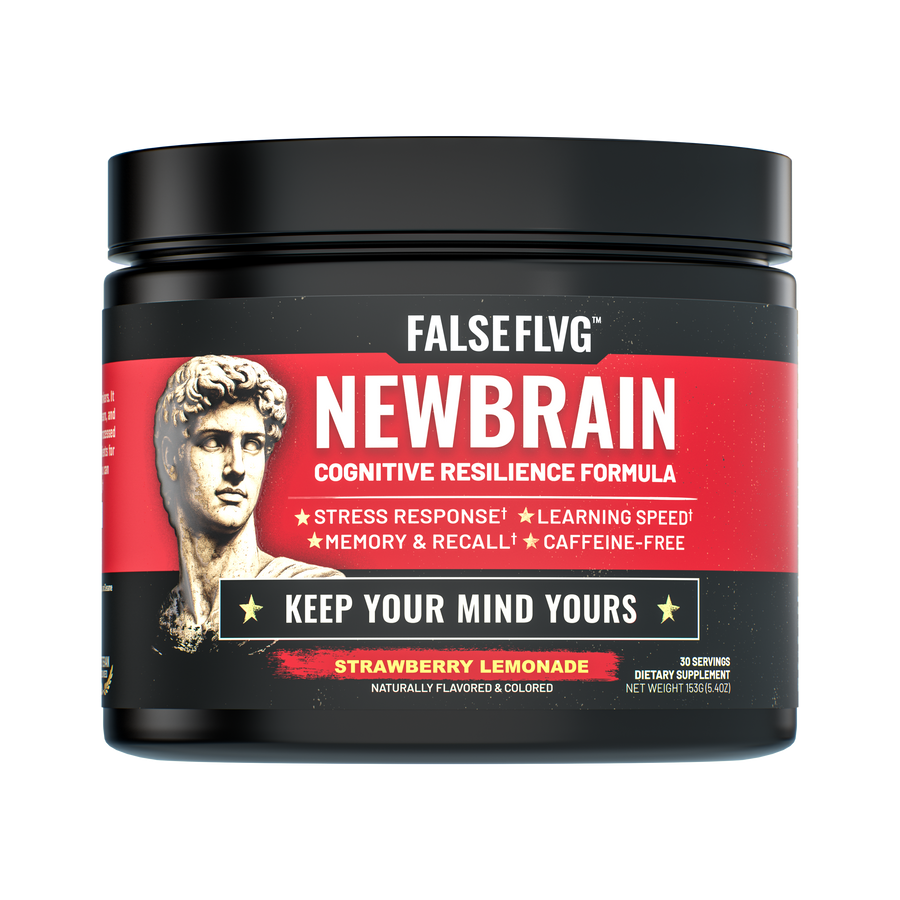 NEWBRAIN single tub, front label, caffeine-free Strawberry Lemonade nootropic drink mix by FalseFlvg