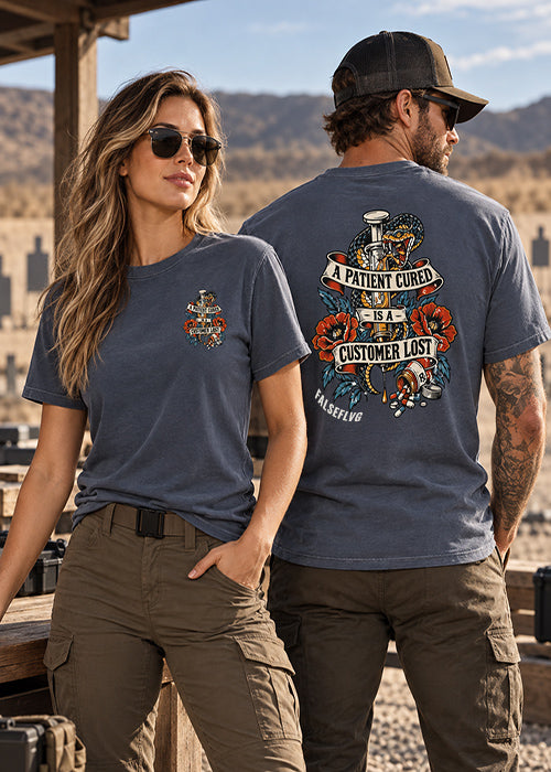 FALSEFLVG Patient Cured Heavyweight Graphic Tee front chest logo and back print on model